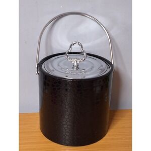 Vintage Irvinware Black Faux Crocodile Ice Bucket Chrome Lid Made in USA MCM